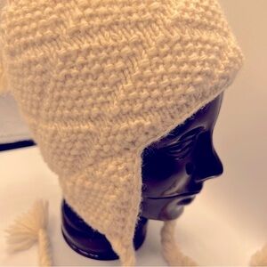 Nirvanna Designs Cream Textured Knit Lined Fringe Pom Braided Winter Hat